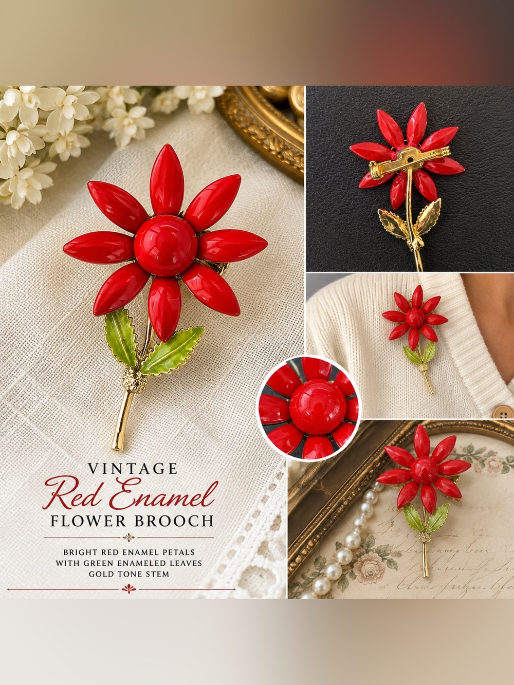 Vintage Red Enamel Flower Brooch – Gold Stem with Green Leaves